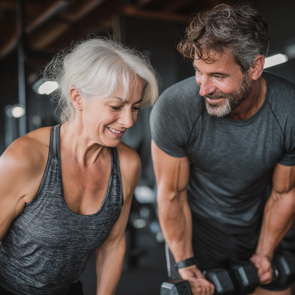 Femeie de 60 de ani urmând un program individual de fitness cu antrenor personal la kerlundak